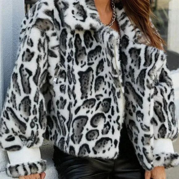 Black And White Casual Women's Leopard Print Fuzzy Fluffy Turndown Jacket - Picture 6 of 6